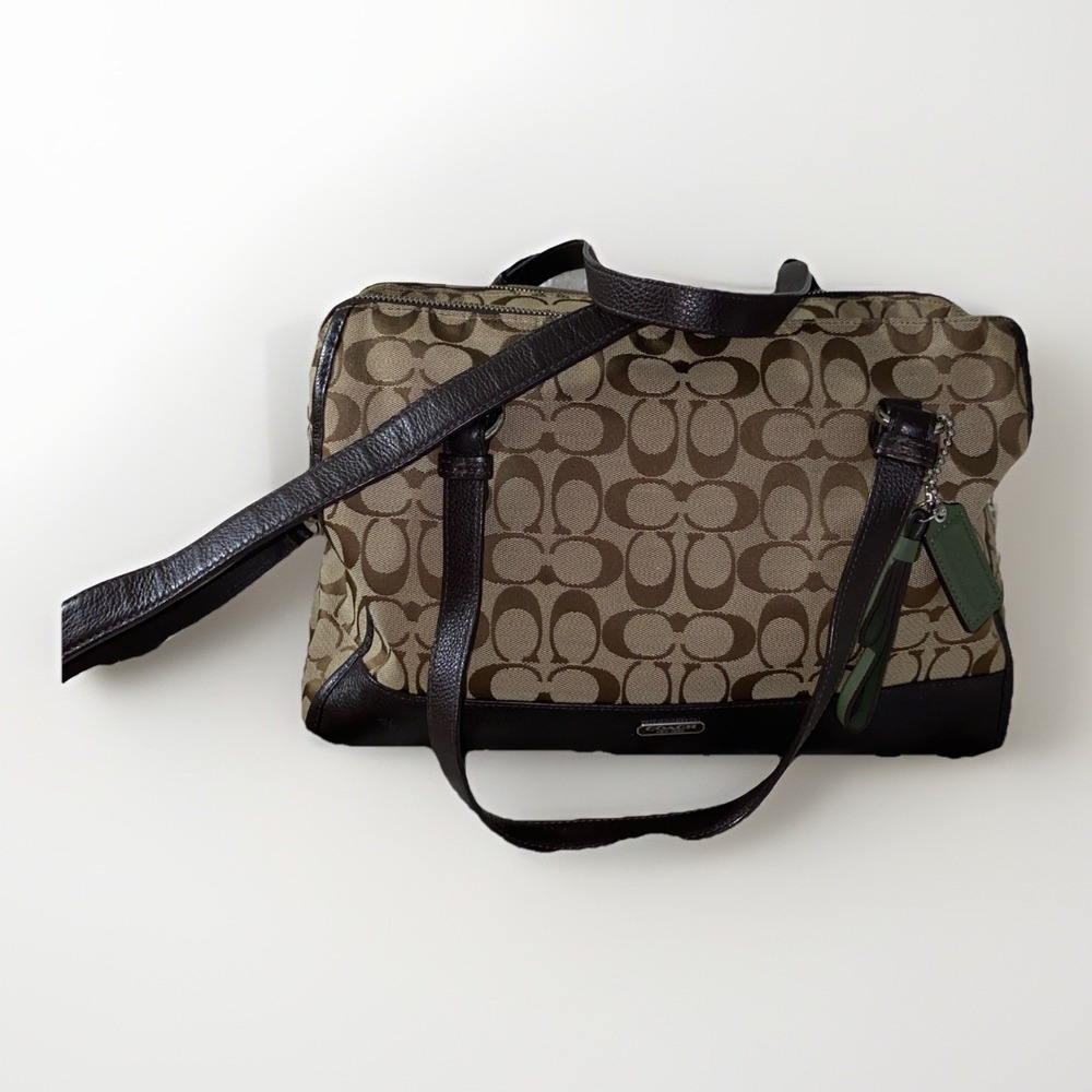 Coach Signature Kathryn Three Zipper Pocket Satchel Khaki/brown Purse